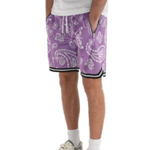 purple bandana print mesh shorts